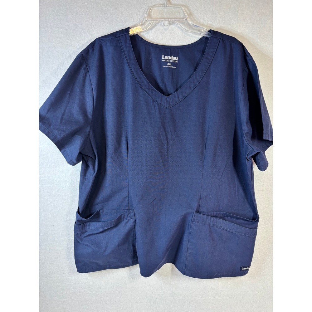 Landau Made Better Scrub Top Navy Blue V-Neck Short Sleeve 2-Pocket Womens 3XL